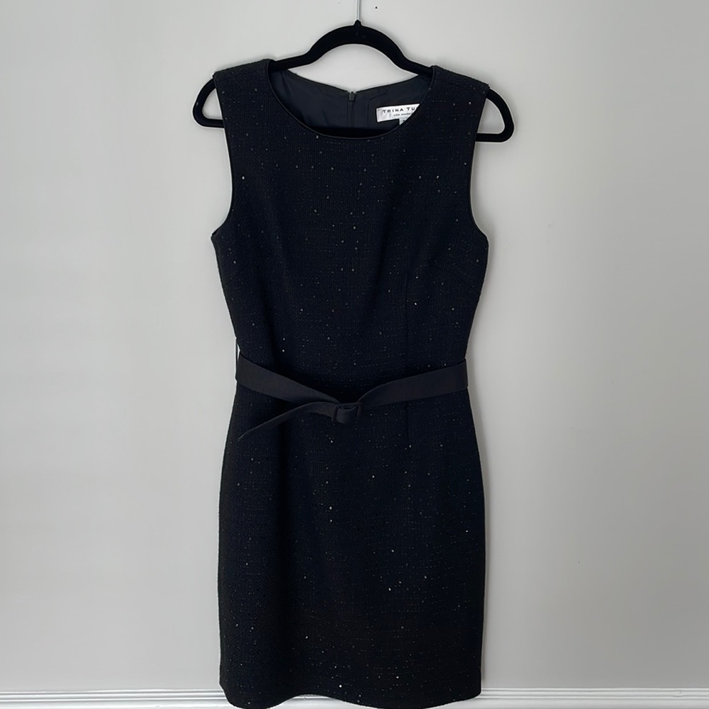 Trina Turk, Black Wool Blend Tweed Solid Sleeveless Sheath Dress, Size 8.